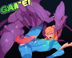 2boys alien angry animal_penis black_background blonde_hair blush bodysuit combos_&amp;_doodles commentary cosplay crossdressing cum cum_on_body cum_on_stomach defeat depth_measurement english_commentary english_text high_ponytail highres imminent_penetration imminent_rape interspecies link long_hair looking_at_another lying metroid monster multiple_boys nintendo open_mouth penis pointy_ears ponytail precum rape ridley samus_aran samus_aran_(cosplay) sharp_teeth sidelocks simple_background skin_tight super_smash_bros. teeth torn_bodysuit torn_clothes trap yaoi zero_suit