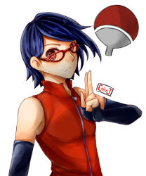 1girl absurdres alternate_hair_color arm_warmers artist_name bare_shoulders boruto:_naruto_next_generations chikajigoku child closed_mouth commentary english_commentary glasses high_collar highres looking_at_viewer naruto_(series) ninja red-framed_eyewear red_eyes red_shirt salute sharingan shirt short_hair simple_background sleeveless sleeveless_shirt solo two-finger_salute uchiha_sarada white_background zipper zipper_pull_tab