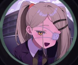 1girl absurdres black_jacket blonde_hair collared_shirt commentary_request earrings eyepatch gakuen_idolmaster highres idolmaster jacket jewelry long_hair long_sleeves looking_at_viewer medical_eyepatch momip monitoring_(vocaloid) necktie open_mouth pov_peephole shinosawa_hiro shirt smile solo stud_earrings twintails upper_body white_shirt yellow_eyes