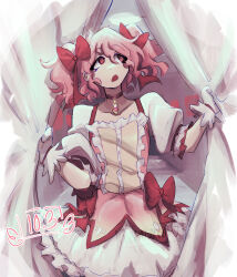 1girl bow choker collarbone commentary curtains dated dress_bow english_commentary gloves hair_bow highres kaname_madoka kaname_madoka_(magical_girl) looking_up magical_girl mahou_shoujo_madoka_magica mahou_shoujo_madoka_magica_(anime) open_mouth pink_eyes pink_hair puffy_short_sleeves puffy_sleeves red_bow red_choker short_sleeves short_twintails solo soul_gem square_neckline twintails vhsghostricks white_gloves