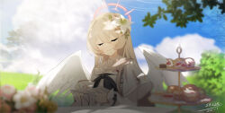 Rule 34 | 1girl, absurdres, black neckerchief, blonde hair, blue archive, blush, closed eyes, closed mouth, cup, dress, feathered wings, flower, hair between eyes, hair flower, hair ornament, hayate (1034853996), highres, holding, holding cup, holding plate, long hair, nagisa (blue archive), neckerchief, outdoors, pink flower, plate, sitting, solo, teacup, white dress, white flower, wings