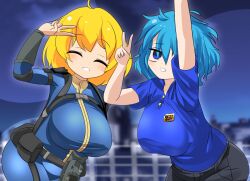 2girls ahoge alice_margatroid belt best_buy black_belt black_pants blonde_hair blue_background blue_bodysuit blue_eyes blue_hair blue_shirt blurry blurry_background blush bodysuit breasts closed_eyes commentary_request cookie_(touhou) cowboy_shot employee_uniform empty_eyes fallout grin hair_between_eyes highres kawashiro_nitori kofji_(cookie) large_breasts leaning_forward lets0020 long_bangs messy_hair multiple_girls pants pip_boy pouch selfie shirt short_hair short_sleeves smile touhou v vault_suit web_(cookie)