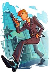 Rule 34 | 1boy, absurdres, black coat, black suit, blonde hair, city, coat, collared shirt, commentary, door, english commentary, formal clothes, from below, full body, hand in pocket, highres, holding, holding phone, male focus, markkrpg, mob psycho 100, necktie, outline, phone, railing, red necktie, reigen arataka, shirt, short hair, sideburns, sign, solo, suit, toon (style), unamused, walking, white outline, white shirt