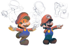 1boy blue_eyes boots brown_boots brown_hair dated_commentary facial_hair gloves hammer hat highres long_sleeves mario mario_(series) multiple_views mustache nintendo overalls pointing red_hat red_shirt shirt simple_background sitting sketch standing standing_on_one_leg white_gloves winpuss