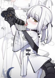1girl ass black_ribbon blue_archive blush coat commentary cowboy_shot cross-shaped_pupils dildo ein_(blue_archive) hair_ribbon half-closed_eyes hands_up heart highres holding holding_mask isinose_(ilxodidli) loli looking_at_viewer mask mechanical_hands mechanical_tail medium_hair open_mouth respirator ribbon saliva saliva_trail sex_toy short_sleeves sidelocks solo symbol-shaped_pupils tail tearing_up thighs tongue tongue_out twintails white_background white_coat white_hair yellow_eyes zoom_layer