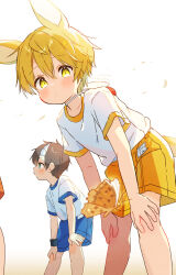 2boys absurdres animal_ears armband artist_name black_armband blonde_hair blue_shorts blush brown_hair bug butterfly child closed_mouth crew_neck dai_(far_tarooo) dated dot_mouth dot_nose double-parted_bangs far_tarooo green_eyes hair_between_eyes hands_on_own_knees highres horns insect leaning leaning_forward looking_at_animal male_focus multiple_boys noru_(far_tarooo) original rabbit_ears rabbit_tail shirt shirt_tucked_in short_hair shorts t-shirt tail white_background white_horns yellow_eyes yellow_shorts