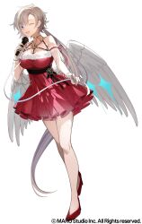 1girl black_ribbon breasts collarbone copyright_notice dress feathered_wings full_body fur-trimmed_dress fur_trim gloves grey_eyes grey_hair high_heels highres holding holding_microphone liora_walkyria long_hair microphone official_art one_eye_closed open_mouth red_dress red_shoes ribbon santa_costume santa_dress sesekawa_nako shoes solo v&amp;u_entertainment white_background white_gloves white_ribbon white_wings wings