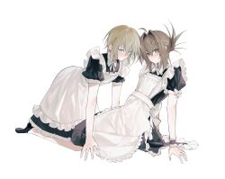 Rule 34 | 1boy, 1girl, :3, absurdres, ahoge, alternate costume, apron, arm support, back bow, black shirt, black shoes, black skirt, black wrist cuffs, blue eyes, blush, bow, bowtie, breasts, brown hair, closed mouth, collared shirt, crossed bangs, enmaided, eyebrows hidden by hair, folded ponytail, frilled apron, frilled skirt, frilled wrist cuffs, frills, full body, green eyes, hair between eyes, hair intakes, highres, kneeling, leaning back, long bangs, looking at viewer, maid, maid apron, mamiya takuji, medium hair, puffy short sleeves, puffy sleeves, shirt, shoes, short hair, short sleeves, simple background, sitting, skirt, sleeve bow, small breasts, smile, subarashiki hibi, sweatdrop, tachibana kimika, trap, visinss, white apron, white background, white bow, white bowtie, wrist cuffs
