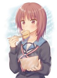 1girl angel_beats! black_cardigan blue_sailor_collar blush cardigan chopsticks collarbone commentary_request eating food highres holding holding_chopsticks holding_food iwasawa_masami long_sleeves nakamura_hinato neck_ribbon pink_ribbon red_eyes red_hair ribbon sailor_collar school_uniform serafuku shinda_sekai_sensen_uniform short_hair solo upper_body