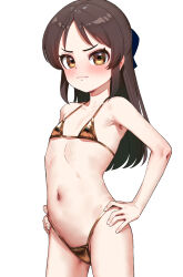1girl alternate_costume armpits bikini blush flat_chest gold_bikini half_updo highleg highleg_bikini highres idolmaster idolmaster_cinderella_girls loli long_hair looking_at_viewer micro_bikini navel pettan_p simple_background solo stomach string_bikini swimsuit tachibana_arisu v-shaped_eyebrows white_background