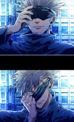 1boy arm_up black_jacket blindfold blindfold_lift blue_eyes chabyaku_(katara7707) closed_mouth covered_eyes facing_viewer gojou_satoru hair_between_eyes high_collar highres jacket jujutsu_kaisen long_sleeves looking_at_viewer male_focus one_eye_covered short_hair smile solo split_screen upper_body white_hair