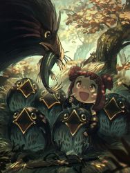 1girl :d absurdres beak bird chick commentary dullahan english_commentary feathers fingerless_gloves fish gloves highres looking_at_another nest open_mouth original porforever red_eyes red_hair short_twintails sitting smile sword tree twintails weapon