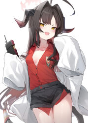 Rule 34 | 1girl, absurdres, ahoge, black hair, black horns, black shorts, black tail, blue archive, coat, coat partially removed, collared shirt, demon horns, demon tail, doyagao, hair intakes, halo, highres, horns, kasumi (blue archive), lab coat, long hair, long sleeves, open mouth, oversized clothes, red halo, red shirt, shirt, shirt tucked in, shorts, simple background, sleeves past fingers, sleeves past wrists, smile, smug, solo, somray, tail, walkie-talkie, white coat, yellow eyes
