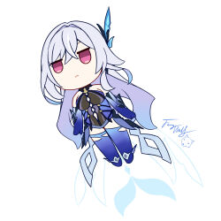 1girl bare_shoulders black_leotard blue_boots blue_gloves blue_thighhighs boots breasts chibi closed_mouth elbow_gloves genshin_impact gloves grey_hair hair_between_eyes hair_intakes highres langbazi leotard long_hair medium_breasts purple_eyes signature simple_background skirk_(genshin_impact) solo thighhighs thighhighs_under_boots very_long_hair white_background