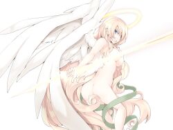 Rule 34 | 1girl, angel, angel wings, ass, blonde hair, blue eyes, breasts, closed mouth, feathered wings, frfr, full-body tattoo, game cg, green ribbon, hair between eyes, halo, holding, holding weapon, large breasts, light frown, long hair, micaela (mon-musu quest!), mon-musu quest!, mon-musu quest: paradox, naked ribbon, navel, nude, pointy ears, ribbon, tattoo, very long hair, weapon, white wings, wings, yellow halo