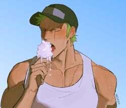 Rule 34 | 1boy, absurdres, adam&#039;s apple, alternate costume, artist name, bara, blue background, collarbone, commentary, earrings, food, green eyes, green hair, highres, holding, holding food, holding ice cream, ice cream, jewelry, male focus, mature male, melting ice cream, multiple scars, muscular, muscular male, one eye closed, one piece, pectoral cleavage, pectorals, roronoa zoro, scar, scar across eye, scar on chest, scar on face, short hair, simple background, solo, tank top, tongue, tongue out, upper body, wesaier, white tank top