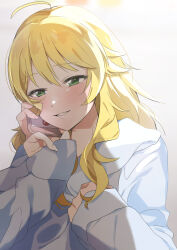 1girl absurdres ahoge blonde_hair blush cellphone fingernails green_eyes grin half-closed_eyes highres holding holding_phone hoshii_miki idolmaster idolmaster_(classic) katsu_(kana) long_fingernails long_hair long_sleeves looking_at_viewer phone shirt smartphone smile solo upper_body white_shirt