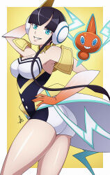 Rule 34 | 1girl, arm behind head, ass, black hair, blue eyes, breasts, cleavage, elesa (pokemon), elesa (sygna suit) (pokemon), gen 4 pokemon, gloves, gradient gloves, hand on own hip, highres, looking at viewer, nintendo, official alternate costume, orange gloves, pokemon, pokemon (creature), pokemon masters ex, rotom, rotom (normal), scott bennett, short hair, signature, yellow background