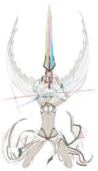 1girl altera_(fate) bikini bodypaint breasts commentary_request dark-skinned_female dark_skin fate/grand_order fate_(series) fgolz7l groin highleg highleg_bikini highres holding holding_sword holding_weapon korean_commentary microskirt navel red_eyes revealing_clothes skinny skirt small_breasts solo swimsuit sword weapon white_hair