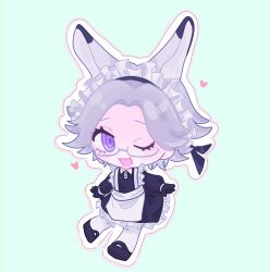 absurdres animal_ears aotsuki_eito apron chibi chibi_only chinese_commentary collared_shirt crossdressing eyeliner full_body green_background heart highres kemonomimi_mode maid maid_apron maid_headdress makeup male_maid one_eye_closed open_mouth outline purple_eyes rabbit_boy rabbit_ears red_eyeliner shirt skirt the_hundred_line_-last_defense_academy- white_outline xinjinjumin104970174128
