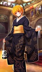 1girl animal_ears animal_print aotsuki_takao black_kimono blush bottle breasts cloud_print collarbone commentary cup ears_down extra_ears fate/grand_order fate_(series) feet_out_of_frame formal_clothes head_tilt holding holding_bottle holding_cup indoors jaguar_ears jaguarman_(fate) japanese_clothes kimono light_rays looking_at_viewer lord_camelot_(fate) medium_breasts medium_hair obi official_alternate_costume official_art orange_hair orange_sash outstretched_arms print_kimono print_sash red_eyes sash short_hair sidelocks smile solo stairs standing third-party_source wide_sleeves
