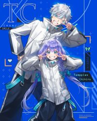 1boy 1girl black_pants blue_background blue_bow blue_hair blush bow braid character_name chinese_commentary cosplay double_v hair_bow heart highres jacket looking_at_viewer nagy_(cindy32ok123) nijisanji one_eye_closed pants reignite smile tempplex tempplex_(cosplay) twin_braids v v-shaped_eyebrows virtual_youtuber white_hair white_jacket yuuki_chihiro