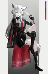 Rule 34 | 1girl, absurdres, animal ears, arknights, black boots, black gloves, bolo tie, boots, cape, champagne flute, commentary, crossed legs, cup, drink, drinking glass, full body, gloves, grey eyes, grey hair, grey tail, hair between eyes, high heel boots, high heels, highres, holding, holding drink, invisible chair, knee boots, knee up, lappland (arknights), lappland the decadenza (arknights), long hair, long sleeves, looking at viewer, material growth, nishimiya aki, oripathy lesion (arknights), red cape, revision, scar, scar across eye, scar on face, sitting, solo, tail, white hair, wolf ears, wolf girl, wolf tail