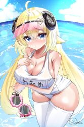 ahoge arm_under_breasts blonde_hair blue_eyes blush breasts cloud holding holding_removed_eyewear hololive horns huge_breasts inokeiwd looking_at_viewer ocean one-piece_swimsuit pointing pointing_at_breasts sheep_girl sheep_horns sheep_tail swimsuit tail thick_thighs thighhighs thighs tsunomaki_watame unworn_eyewear visor_cap white_one-piece_swimsuit white_thighhighs