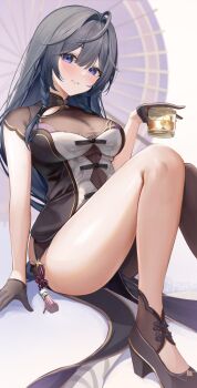 Rule 34 | absurdres, ahoge, alcohol, animal print, black dress, black gloves, blush, braid, breasts, bustier, butterfly print, china dress, chinese clothes, clothing cutout, cup, dress, drunk, gloves, hair between eyes, half gloves, highres, holding, holding cup, horo 27, kisara (1st costume) (nijisanji), kisara (nijisanji), large breasts, light smile, long hair, low twintails, nijisanji, parted lips, purple eyes, purple umbrella, sake, single leg pantyhose, sitting, tassel, thighs, twintails, umbrella, virtual youtuber, white background