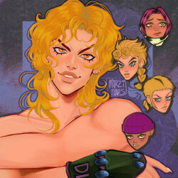 5boys animal_print beanie blonde_hair blue_eyes blush braid brothers clip_studio_paint_(medium) cow_print dark-skinned_male dark_skin dio_brando donatello_versus eyelashes family father_and_son fingernails giorno_giovanna hat highres jojo_no_kimyou_na_bouken lips male_focus marzimars mole mole_on_ear multiple_boys nose orange_eyes parted_lips rikiel siblings sideburns stone_ocean ungaro vento_aureo victory_rolls