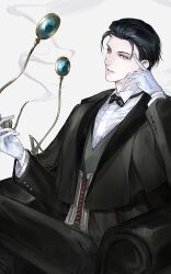 1boy absurdres artist_request black_hair black_jacket bow bowtie commission crossed_legs fate/grand_order fate_(series) formal_clothes gloves green_eyes highres holding holding_smoking_pipe jacket long_sleeves looking_at_viewer male_focus on_chair second-party_source sherlock_holmes_(fate) shirt short_hair simple_background sitting smoke smoking_pipe solo white_background white_gloves white_shirt
