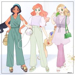 3girls aladdin_(movie) ariel_(disney) bare_shoulders black_hair blonde_hair breasts brown_eyes chameleon cleavage contemporary dark-skinned_female dark_skin disney_princess earrings jasmine_(disney) jewelry long_hair looking_at_viewer meecosme midriff multiple_girls necklace off_shoulder pascal_(tangled) rapunzel_(disney) red_hair shirt smile tangled the_little_mermaid_(disney) very_long_hair