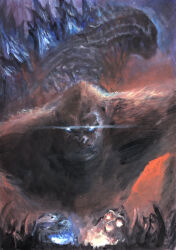 Rule 34 | absurdres, ape, blue eyes, crossover, dinosaur, g.n.a, giant, giant monster, glowing, glowing eyes, glowing mouth, glowing spikes, godzilla, godzilla (series), godzilla x kong: the new empire, gorilla, highres, kaiju, king kong, king kong (series), legendary pictures, monster, monsterverse, no humans, no pupils, ribs, sea monster, skeleton, skull, spikes, toho