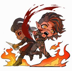 1boy 1girl ankle_boots axe baldur&#039;s_gate baldur&#039;s_gate_3 black_hair black_sclera blood blood_on_face bloody_weapon boots broken_horn brown_boots colored_sclera colored_skin dagger demon_boy demon_girl demon_horns dungeons_&amp;_dragons dungeons_&amp;_dragons fire full_body highres holding holding_axe holding_dagger holding_knife holding_weapon horns karlach knife medium_hair multicolored_hair open_mouth red_skin simple_background standing streaked_hair tiefling two-tone_hair weapon white_background wyll_(baldur&#039;s_gate) yellow_eyes yy20251111