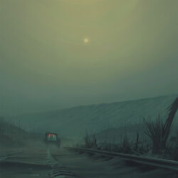 ashes grey_theme guard_rail haze highres horizon motor_vehicle no_humans outdoors science_fiction simon_stalenhag sun the_labyrinth traffic_barrier tree