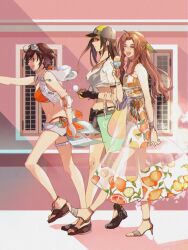 3girls aerith_gainsborough aerith_gainsborough_(citric_dress) baseball_cap bikini bikini_under_clothes bikini_under_shorts black_bikini black_hair bombyxmori_ckr brown_hair final_fantasy final_fantasy_vii final_fantasy_vii_ever_crisis food food_print frayed_skirt fruit_print goggles goggles_on_head hat high_heel_sandals high_heels highres hood hoodie ice_cream ice_cream_cone long_hair long_skirt low-tied_long_hair multiple_girls official_alternate_costume orange_bikini sandals see-through_clothes see-through_shirt see-through_skirt shirt short_shorts shorts skirt sleeveless sleeveless_hoodie swimsuit tied_shirt tifa_lockhart tifa_lockhart_(lifeguard) two-tone_headwear walking yuffie_kisaragi yuffie_kisaragi_(summer_moogle)