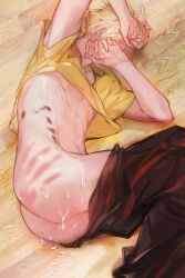 1boy abs after_anal after_rape aftersex arms_up ass black_pants blonde_hair bruise bruise_on_stomach closed_eyes clothes_lift clothes_pull cloud_strife covering_face crew_neck crying cum cum_in_ass cum_on_ass cum_on_body feet_out_of_frame final_fantasy final_fantasy_vii fingernails handprint highres implied_yaoi injury lying male_focus on_side pants pants_pull shirt shirt_lift short_hair short_sleeves solo spanked tears tiandayu2022 toned toned_male wooden_floor yellow_shirt