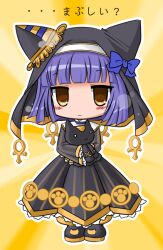 1girl akino_sakura animal ankh bastet_lore black_boots black_dress blue_hair blue_ribbon boots cat cat_girl chibi dress emil_chronicle_online hair_ribbon holding holding_animal holding_cat nun ribbon yellow_eyes