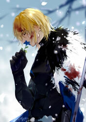 1boy absurdres arm_up armor bare_tree black_armor black_fur blonde_hair blood blood_in_hair blood_on_clothes blue_cape blue_flower breastplate cape closed_eyes commentary dimitri_alexandre_blaiddyd dimitri_alexandre_blaiddyd_(timeskip) english_commentary fire_emblem fire_emblem:_three_houses flower from_side gauntlets highres holding holding_flower male_focus nintendo polearm profile snowing solo tang_xinzi tree upper_body weapon white_fur