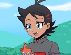 Rule 34 | 1boy, antenna hair, black hair, black shirt, blouse, blue eyes, commentary request, dark-skinned male, dark skin, day, eyelashes, gen 4 pokemon, goh (pokemon), holding, holding phone, looking at viewer, male focus, multicolored hair, nintendo, outdoors, phone, pokemon, pokemon (anime), pokemon (creature), pokemon journeys, print shirt, rotom, rotom phone, sara bon, shirt, solo, spiked hair, streaked hair, surprised, teeth, upper teeth only