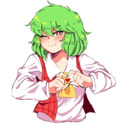 1girl blush collared_shirt green_hair hanaarts kazami_yuuka moe_(phrase) open_clothes open_vest plaid_clothes plaid_vest red_eyes red_vest shirt short_hair smile solo touhou vest wavy_hair white_shirt yellow_neckwear