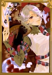 2girls 4boys chilchuck_tims dungeon_meshi elf gorget green_shirt grey_eyes grey_hair high_collar highres horizontal_pupils izutsumi laios_touden long_sleeves male_focus marcille_donato mithrun mithrun_(young) multiple_boys multiple_girls pointy_ears qingwasankerenzhuhuangli41283 senshi_(dungeon_meshi) shirt short_hair snake_bondage symbol-shaped_pupils tunic wavy_hair