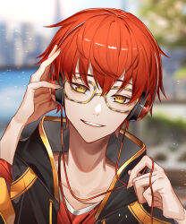 1boy 707_(susanghan_messenger) adjusting_headphones bingsa_(707) blurry blurry_background collarbone glasses hair_between_eyes headphones highres hood hood_down light_particles looking_at_viewer male_focus red_hair solo striped_glasses susanghan_messenger yellow_eyes