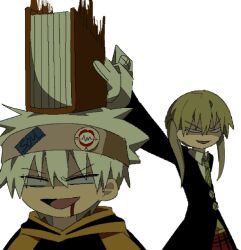 1boy 1girl black_coat blonde_hair book brown_hairband coat gloves hairband highres hitting holding holding_book hood hoodie long_hair long_sleeves looking_at_viewer maka_albarn poopoopoppopoo soul_eater soul_evans twintails white_gloves white_hair yellow_hoodie