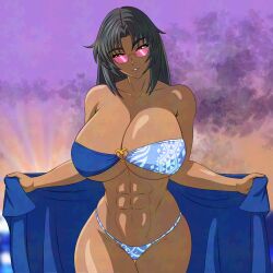Rule 34 | 1girl, abs, action taimanin, alternate costume, bikini, breasts, dark-skinned female, dark skin, huge breasts, long hair, looking at viewer, mirabell bell, muscular, muscular female, smile, sunglasses, swimsuit, taimanin (series), thong, thong bikini, wide hips, yeezusdraw