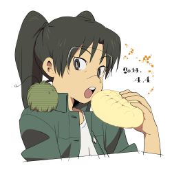 1girl amasawa_yuuko black_eyes black_hair bread dated dennou_coil food glasses jacket looking_at_viewer looking_to_the_side melon_bread mojo_(dennou_coil) open_mouth pskymd solo_focus teeth twintails white_background