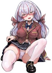 1girl black_choker black_skirt blazer blue_bow blue_bowtie bow bowtie breasts choker full_body glasses grey_hair hair_bow hair_ornament highres jacket kajimakoto large_breasts long_hair long_sleeves multicolored_hair navel original panties pantyshot red-framed_eyewear red_hair red_nails simple_background skirt streaked_hair thighhighs twintails underwear white_background white_panties