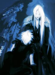 2boys armor black_gloves black_jacket blue_background closed_eyes closed_mouth cloud_strife commentary english_commentary final_fantasy final_fantasy_vii gloves h34aa10 hands_on_another&#039;s_shoulders highres jacket long_hair male_focus multiple_boys no_eyes painterly pauldrons sephiroth short_hair shoulder_armor single_wing sitting spiked_hair standing white_hair wings yaoi