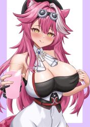 1girl :q absurdres animal_ear_fluff animal_ears armanditto ascot beret black_gloves black_hat black_tube_top blue_gemstone blush border breasts cleavage closed_mouth commentary cup drinking_glass english_commentary gem gloves goggles goggles_on_head hair_between_eyes hair_intakes hat highres holding holding_cup hololive hololive_english italian_commentary jewelry large_breasts long_hair looking_at_viewer mixed-language_commentary multicolored_hair multiple_rings outside_border panther_ears panther_girl panther_tail partially_fingerless_gloves pink_hair pink_tail purple_border raora_panthera raora_panthera_(1st_costume) ring single_glove smile solo strapless strawberry_milk streaked_hair tail tongue tongue_out tube_top two-tone_hair very_long_hair vest virtual_youtuber white_ascot white_background white_hair white_vest yellow_eyes