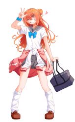 Rule 34 | 1girl, ;d, absurdres, adapted costume, alternate hairstyle, arm at side, bag, blue bow, blue bowtie, blush, bow, bowtie, brown shoes, buttons, clothes around waist, commentary, crossed bangs, dress shirt, eyes visible through hair, grey sailor collar, grey skirt, grin, gyaru, hair between eyes, hair bun, hair intakes, hand up, happy, highres, holding, holding bag, inaba meguru, kneehighs, loafers, long hair, looking at viewer, loose socks, miniskirt, one eye closed, open mouth, orange hair, pleated skirt, red eyes, sailor collar, sanoba witch, school uniform, serafuku, shirt, shoes, short sleeves, simple background, single side bun, skirt, smile, socks, solo, standing, suzukihiko7610, w, wavy hair, white background, white shirt, white socks